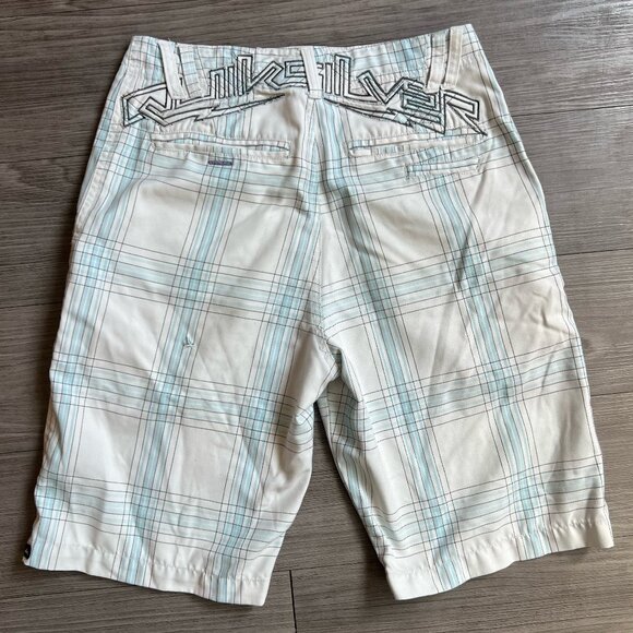 Y2K 00s Quiksilver Blue & White Plaid Shorts Embroidered Logo Surf Size 29 - Picture 1 of 7
